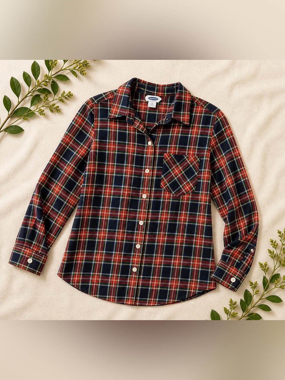 Old Navy Plaid Button-Up Shirt in Navy, Red, White, Green